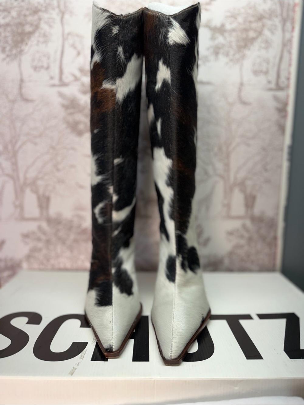 Schutz Maryana Calf Hair Boots in Brown cow hide fur knee high heel cowboy - Picture 2 of 8